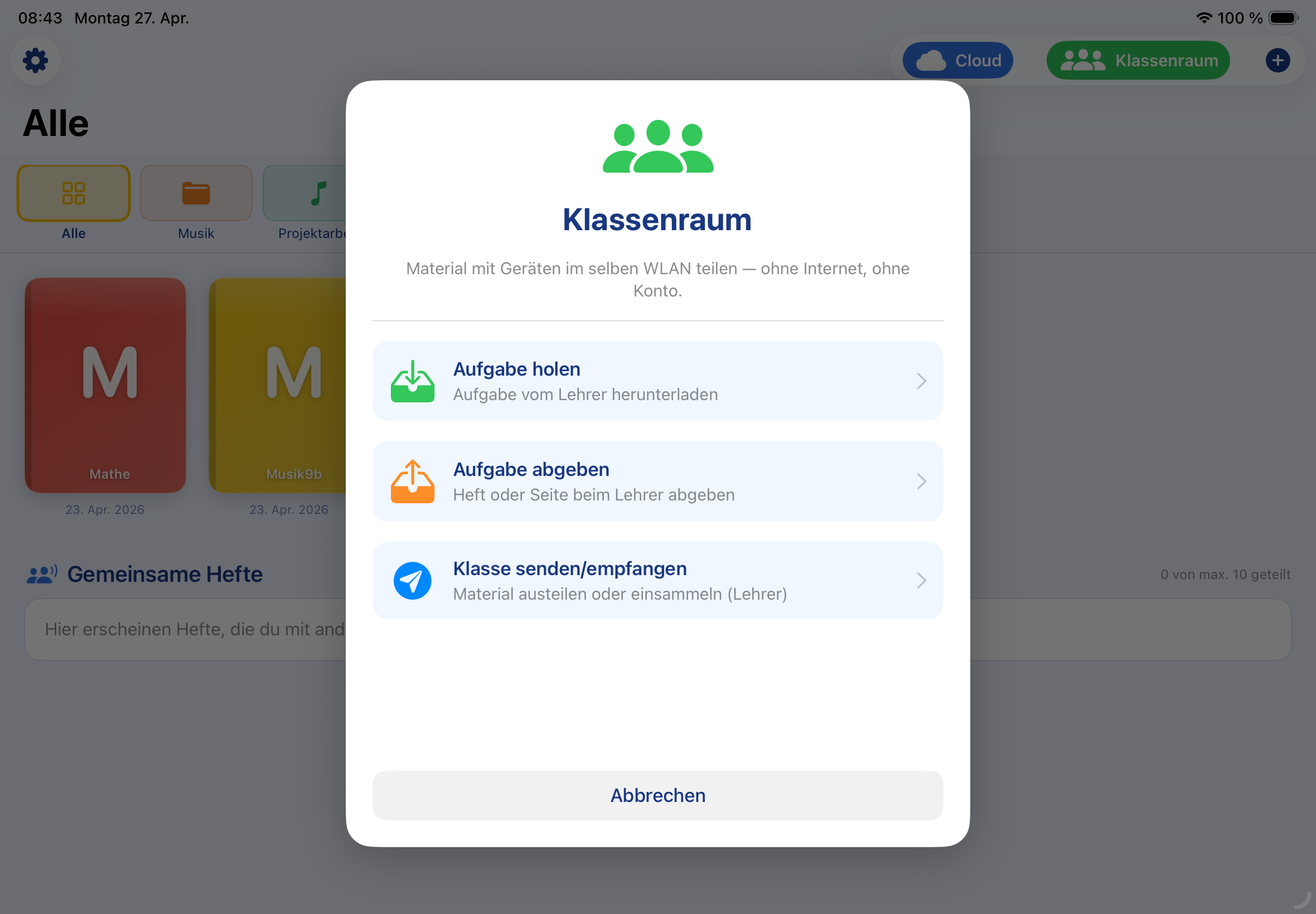 Klassenraum-Menü mit drei Aktionskacheln
