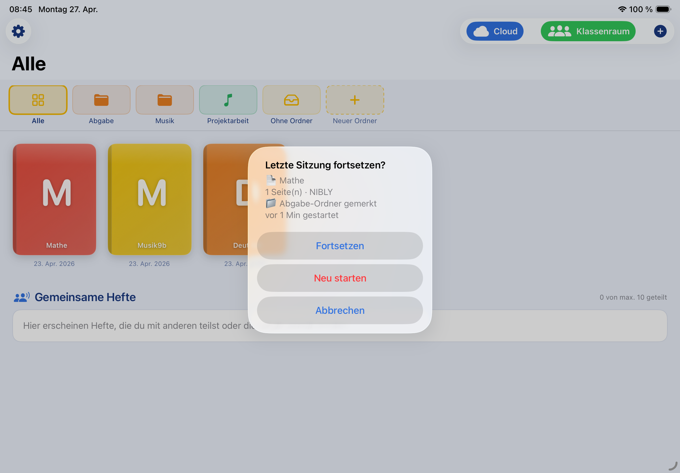 Dialog „Letzte Sitzung fortsetzen?