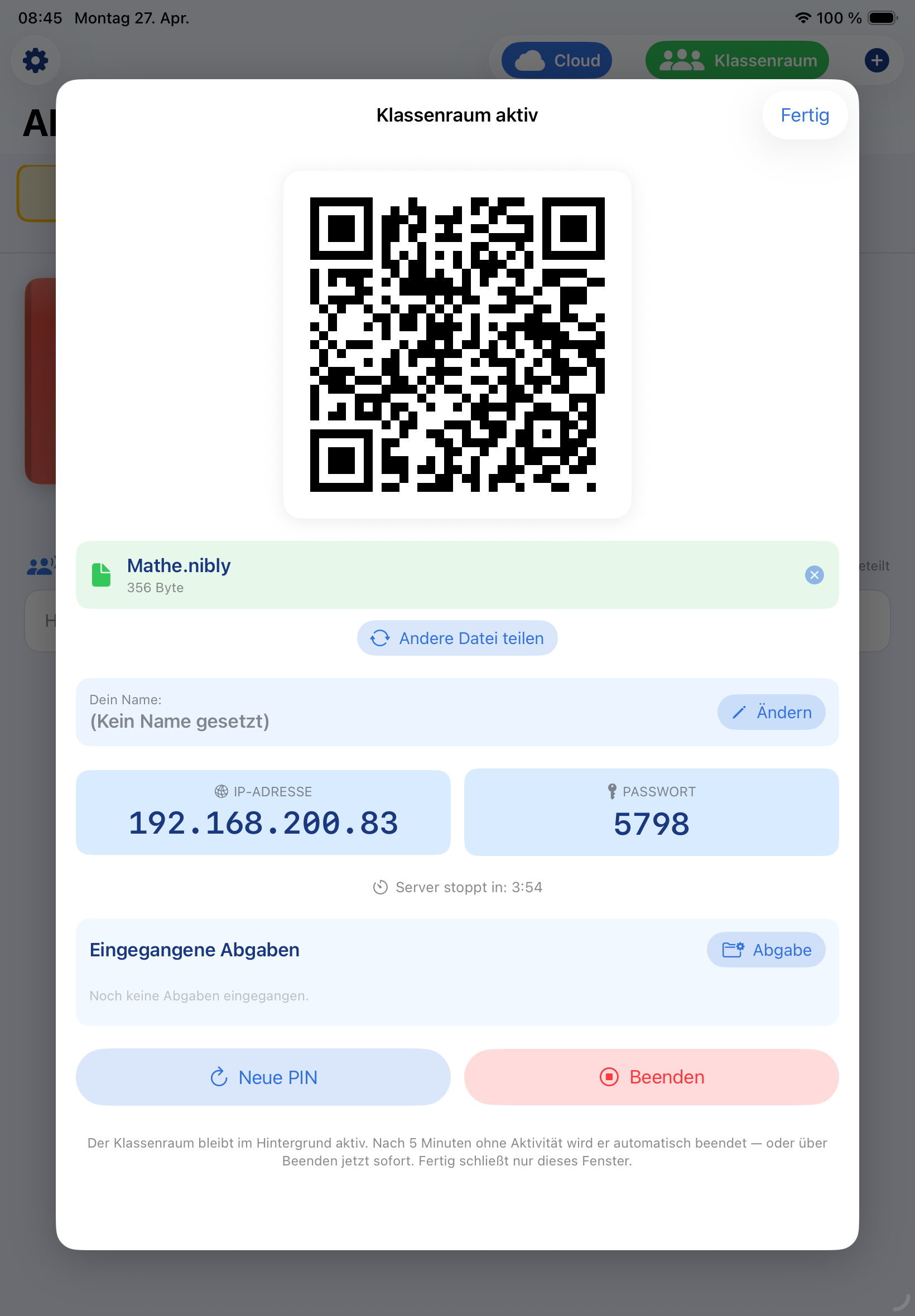 Lehrer-Fenster mit QR-Code, IP-Adresse und Passwort